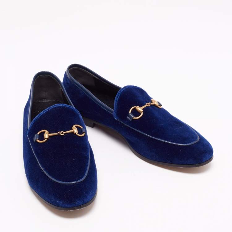 Pre Owned Gucci Blue Velvet Horsebit Jordaan Loafers Size 39.5