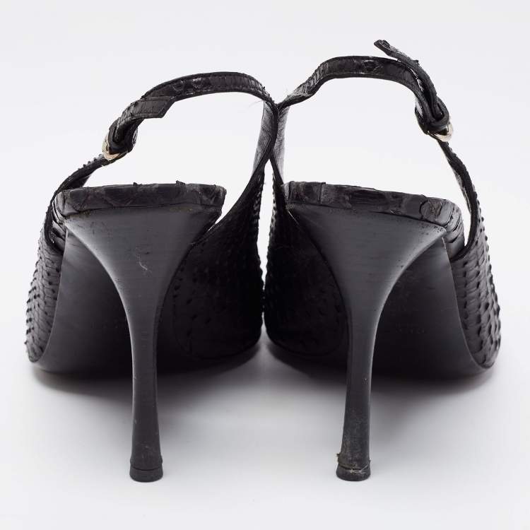 Pre Owned Gucci Black Python Leather Icon Bit Peep-Toe Slingback Sandals Size 39.5