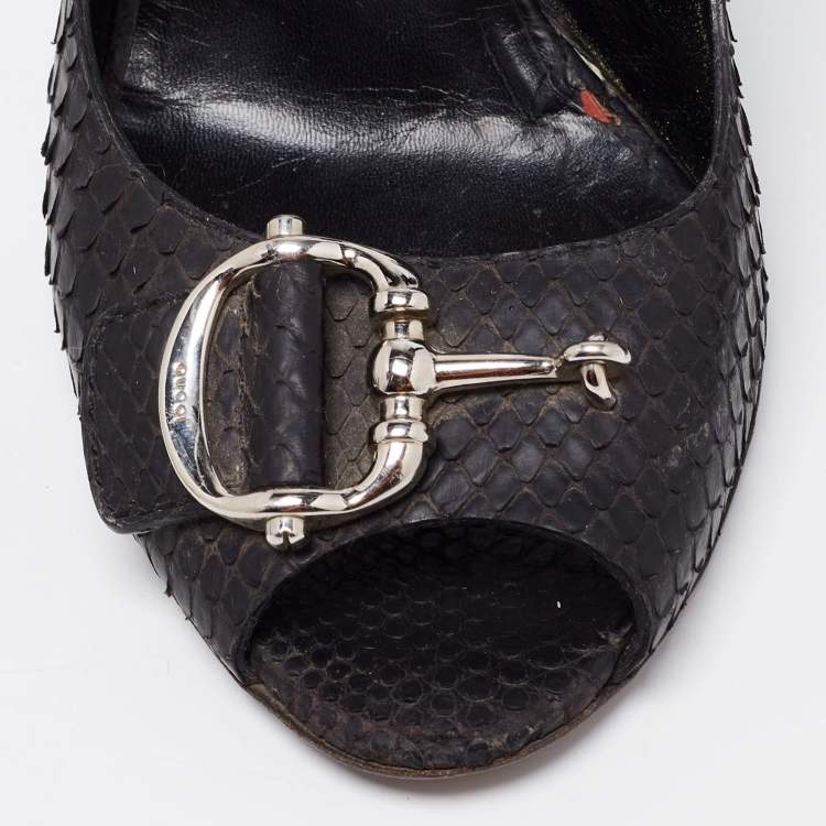 Pre Owned Gucci Black Python Leather Icon Bit Peep-Toe Slingback Sandals Size 39.5