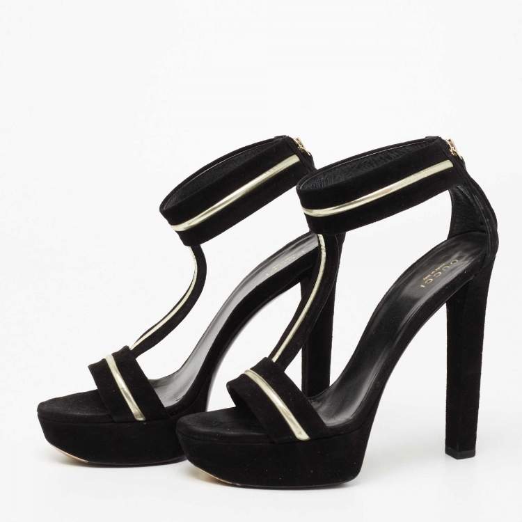 Gucci Black Leather & Suede Peep Toe outlet T-Strap Stiletto Heel Pumps