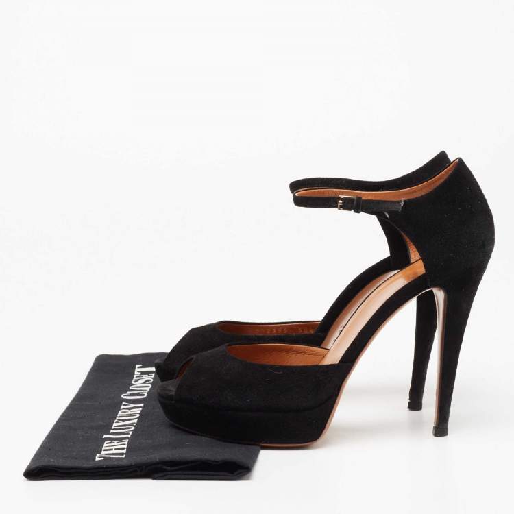 Pre Owned Gucci Black Suede Peep Toe Ankle Strap Platform Sandals Size 38.5