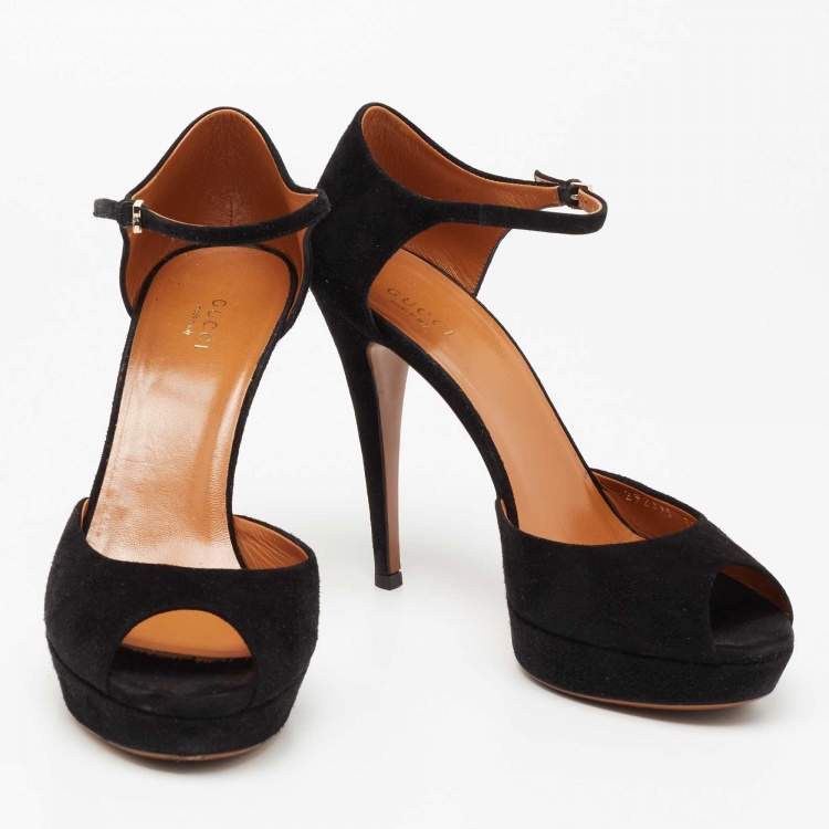 Pre Owned Gucci Black Suede Peep Toe Ankle Strap Platform Sandals Size 38.5