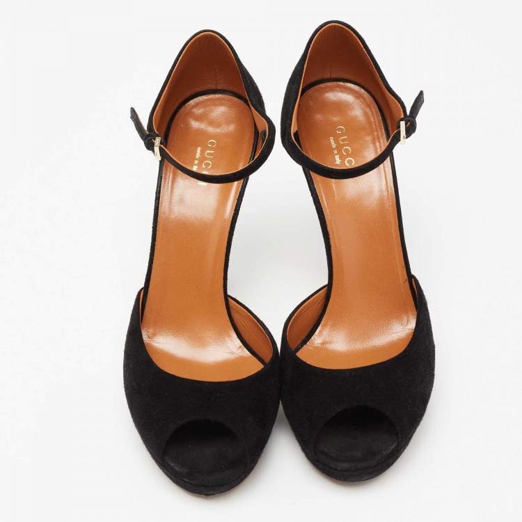 Pre Owned Gucci Black Suede Peep Toe Ankle Strap Platform Sandals Size 38.5