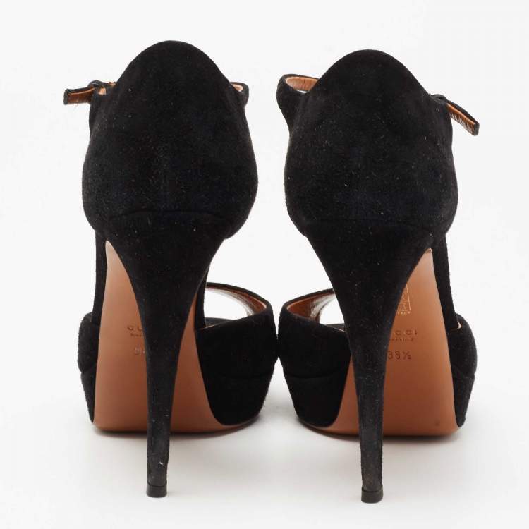 Pre Owned Gucci Black Suede Peep Toe Ankle Strap Platform Sandals Size 38.5