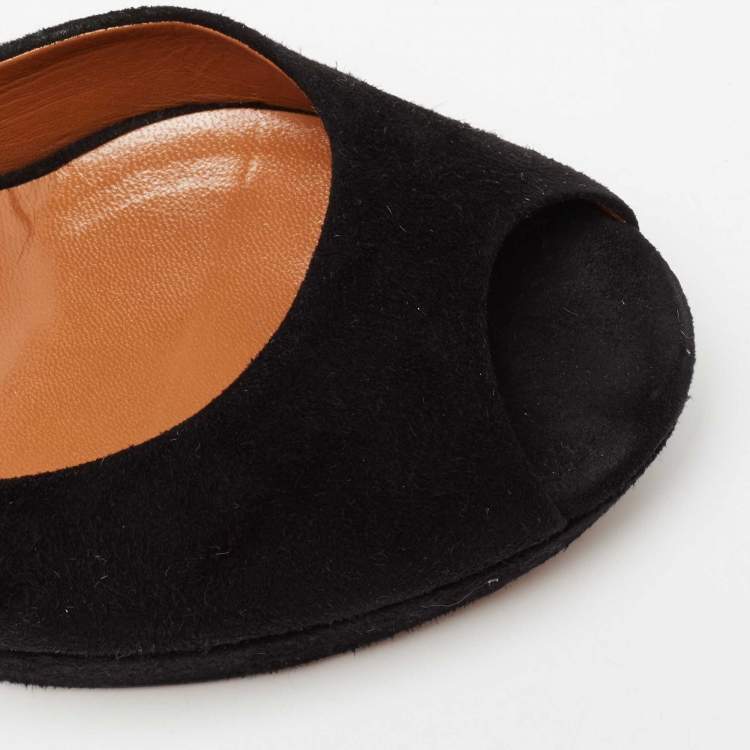 Pre Owned Gucci Black Suede Peep Toe Ankle Strap Platform Sandals Size 38.5