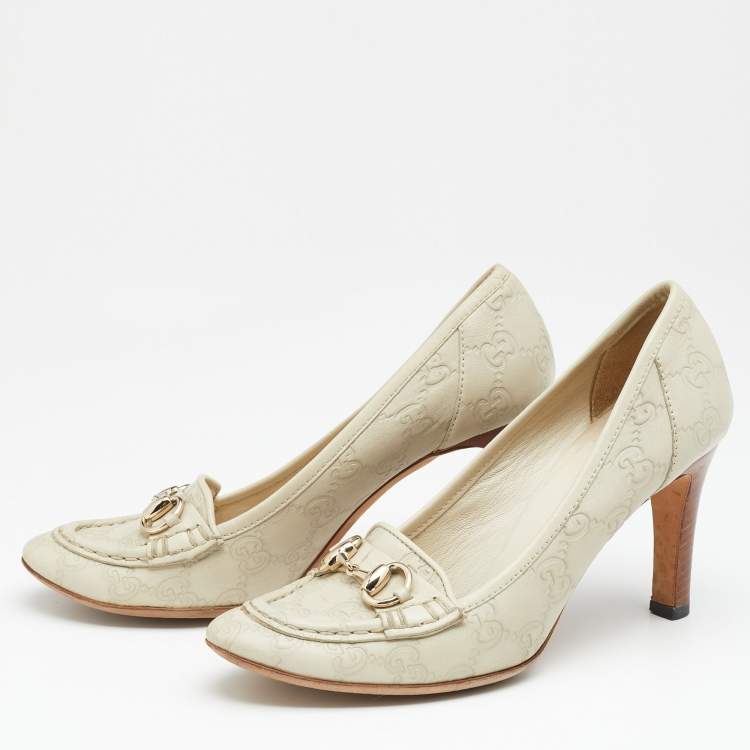 Pre Owned Gucci Cream Guccissima Leather Horsebit Loafer Pumps Size 37