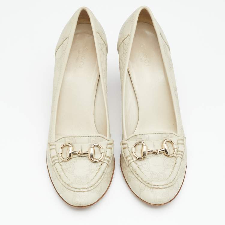 Pre Owned Gucci Cream Guccissima Leather Horsebit Loafer Pumps Size 37