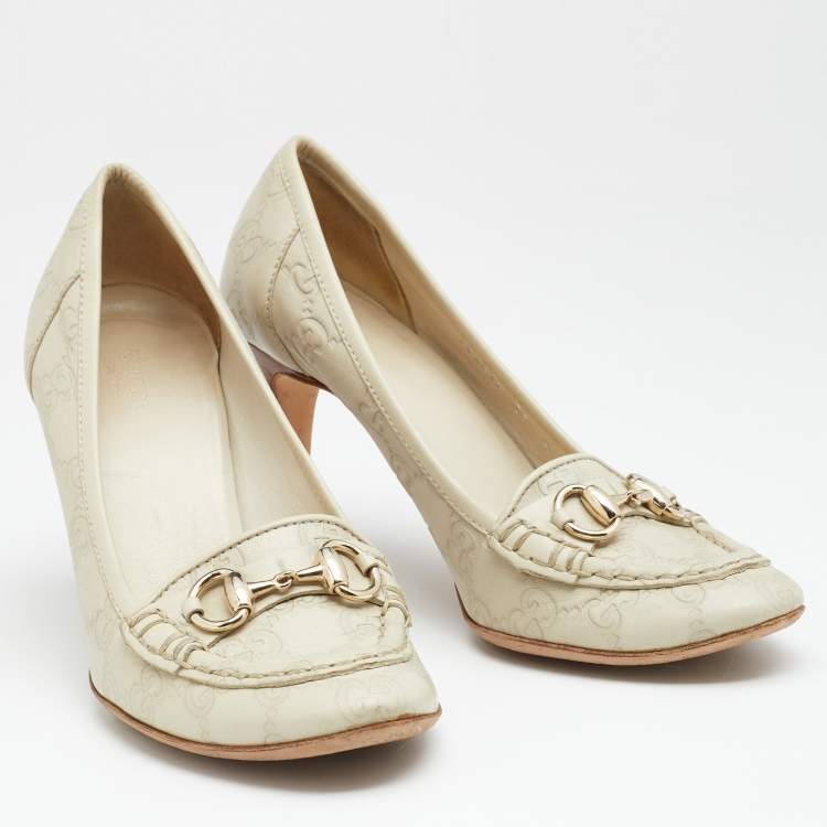 Pre Owned Gucci Cream Guccissima Leather Horsebit Loafer Pumps Size 37