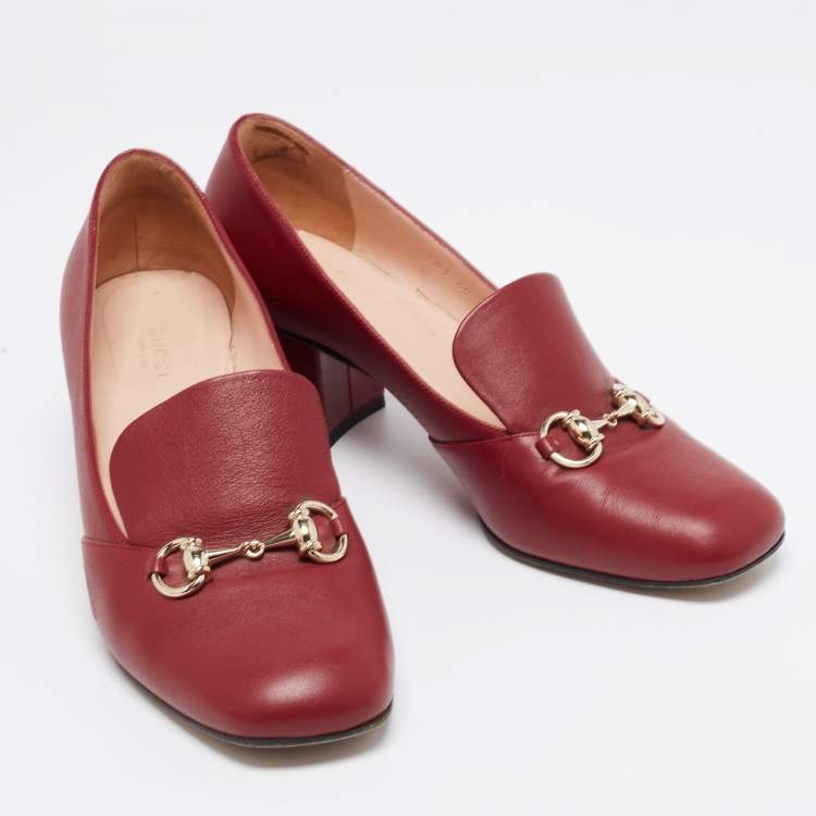 Pre Owned Gucci Burgundy Leather Horsebit Block Heel Pumps Size 40