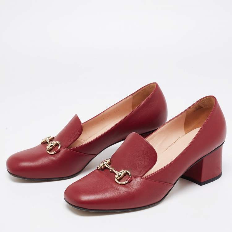 Pre Owned Gucci Burgundy Leather Horsebit Block Heel Pumps Size 40