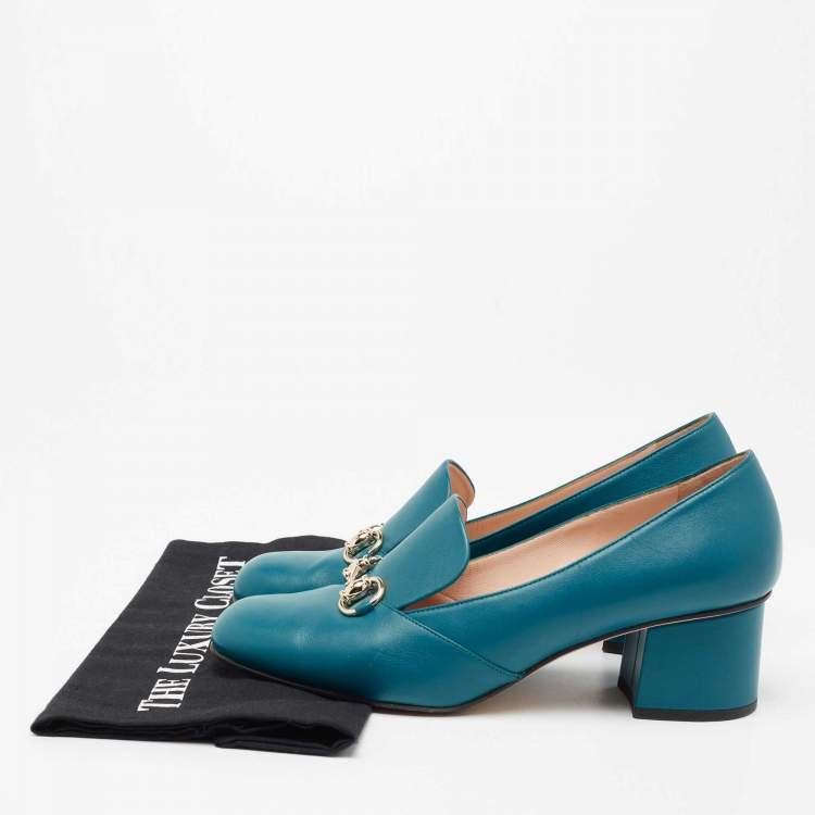 Pre Owned Gucci Blue Leather Horsebit Loafer Pumps Size 40