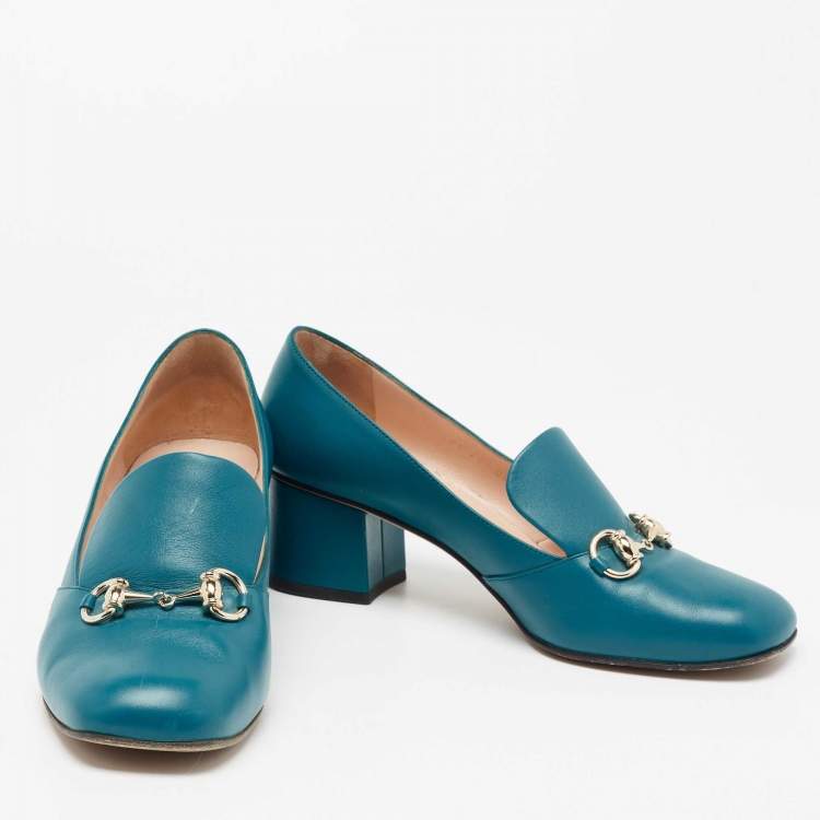 Pre Owned Gucci Blue Leather Horsebit Loafer Pumps Size 40