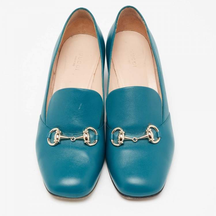 Pre Owned Gucci Blue Leather Horsebit Loafer Pumps Size 40