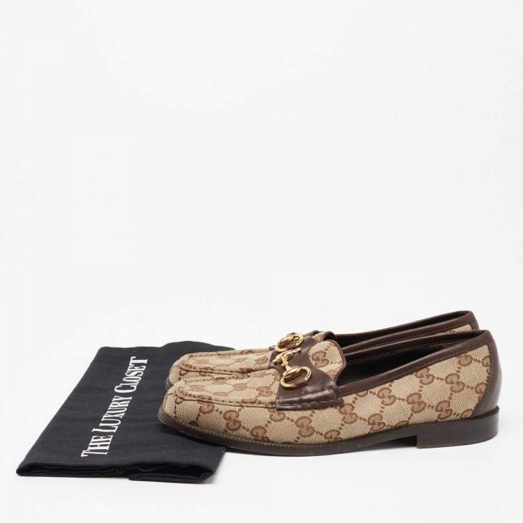 Pre Owned Gucci Brown/Beige GG Canvas And Leather Horsebit Web Slip On Loafers Size 37