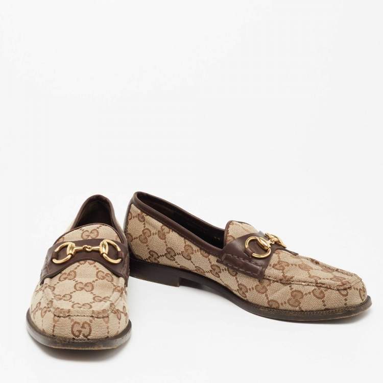 Pre Owned Gucci Brown/Beige GG Canvas And Leather Horsebit Web Slip On Loafers Size 37