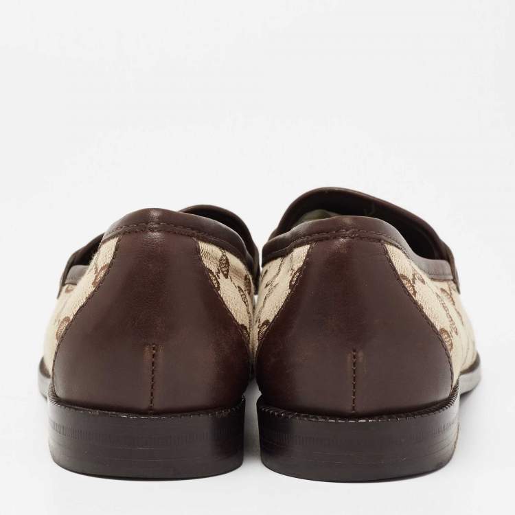 Pre Owned Gucci Brown/Beige GG Canvas And Leather Horsebit Web Slip On Loafers Size 37