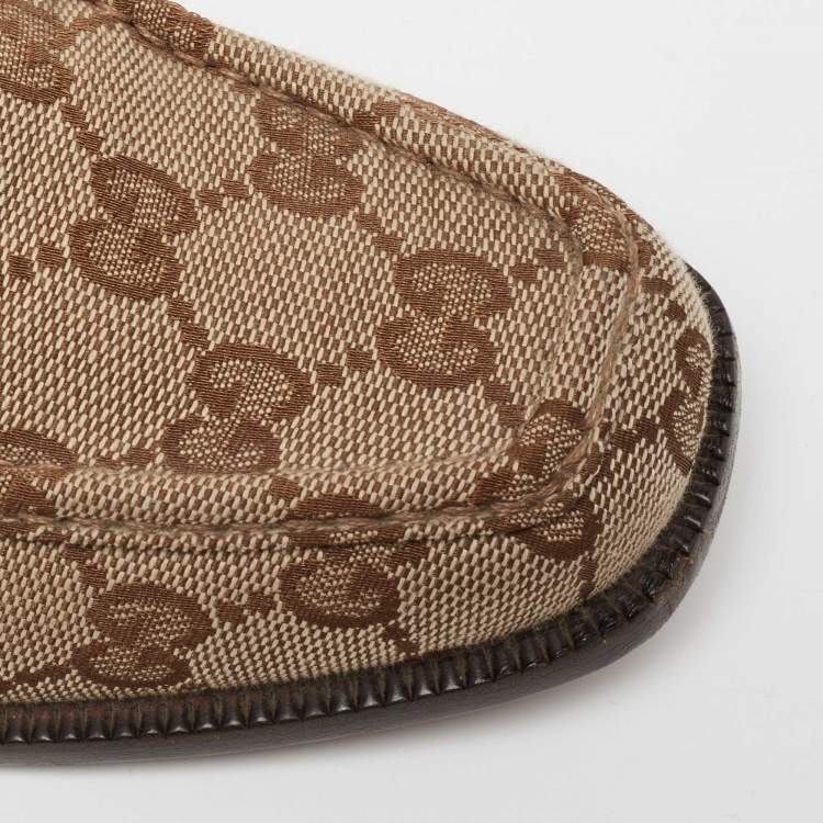 Pre Owned Gucci Brown/Beige GG Canvas And Leather Horsebit Web Slip On Loafers Size 37