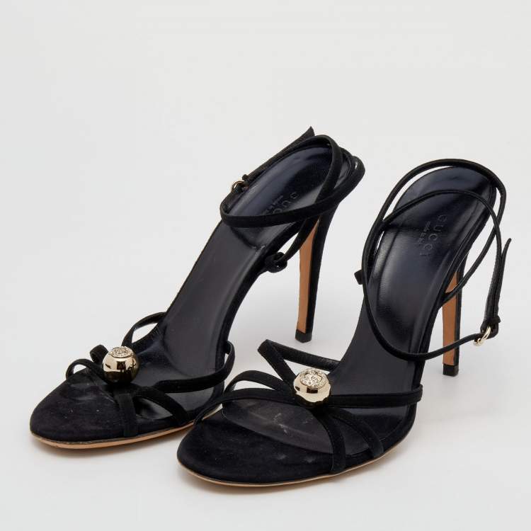 Pre Owned Gucci Black Suede GG Crystal Embellished Ankle Strap Sandals Size 39