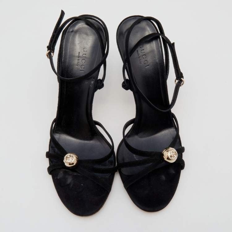 Pre Owned Gucci Black Suede GG Crystal Embellished Ankle Strap Sandals Size 39