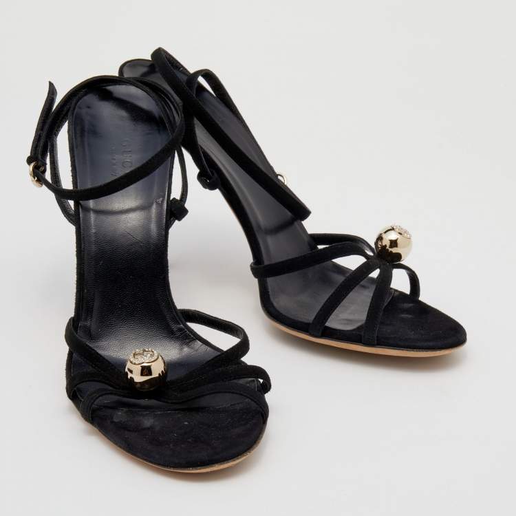 Pre Owned Gucci Black Suede GG Crystal Embellished Ankle Strap Sandals Size 39