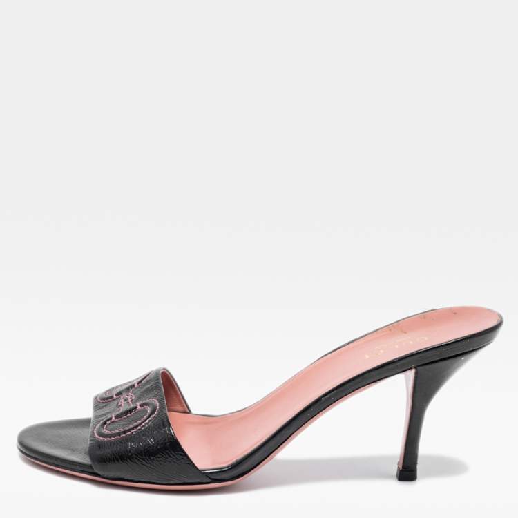 Pre Owned Gucci Black Leather Stitched Horsebit Slide Sandals Size 38.5