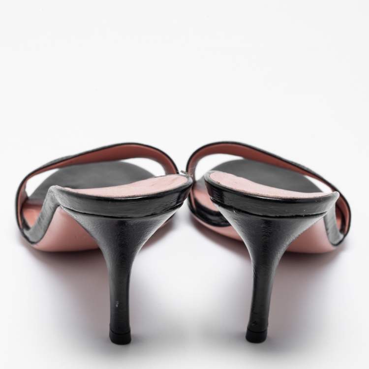 Pre Owned Gucci Black Leather Stitched Horsebit Slide Sandals Size 38.5