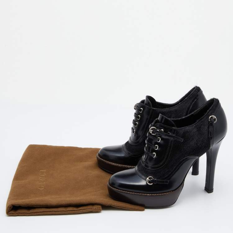 Pre Owned Gucci Black Leather And Pony Hair Buckle Detail Platform Ankle Booties Size 36