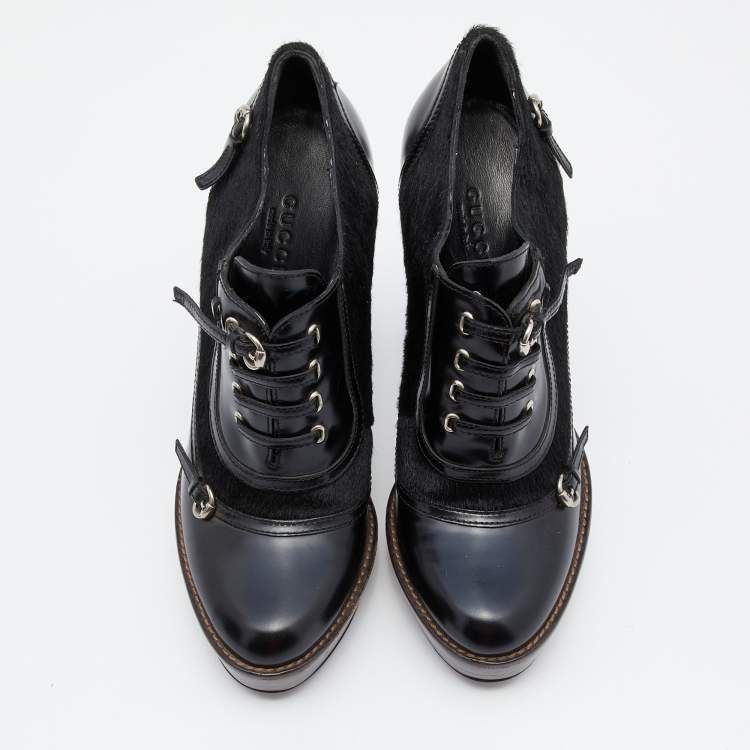 Pre Owned Gucci Black Leather And Pony Hair Buckle Detail Platform Ankle Booties Size 36