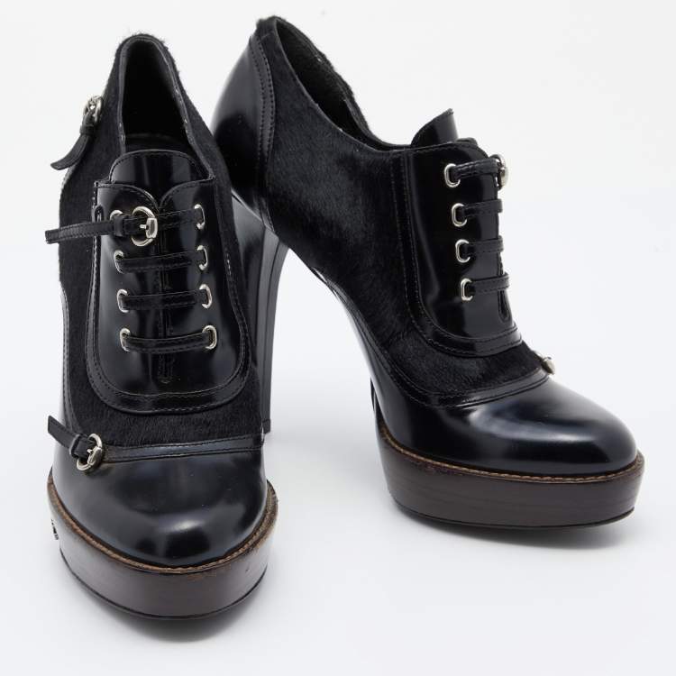 Pre Owned Gucci Black Leather And Pony Hair Buckle Detail Platform Ankle Booties Size 36