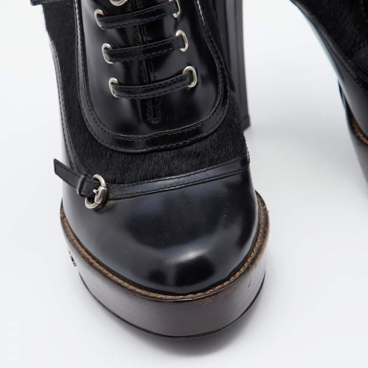 Pre Owned Gucci Black Leather And Pony Hair Buckle Detail Platform Ankle Booties Size 36