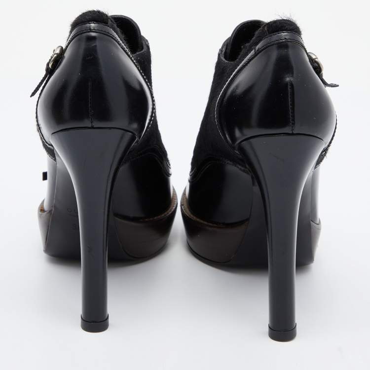 Pre Owned Gucci Black Leather And Pony Hair Buckle Detail Platform Ankle Booties Size 36