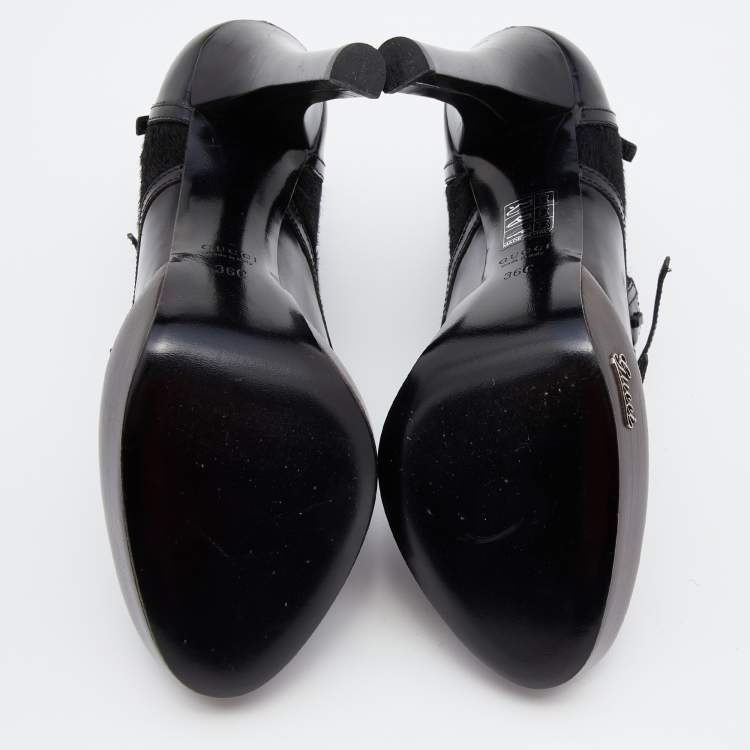 Pre Owned Gucci Black Leather And Pony Hair Buckle Detail Platform Ankle Booties Size 36