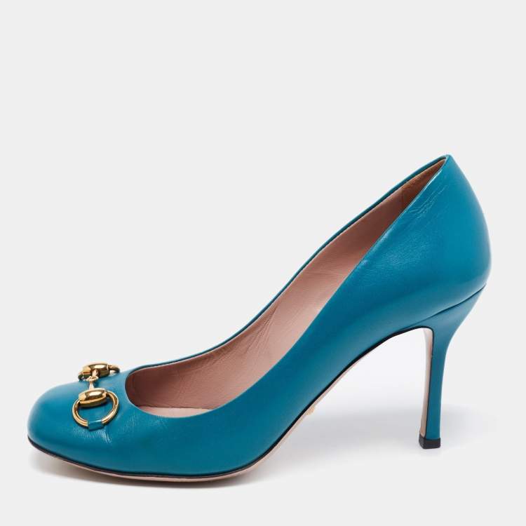 Pre Owned Gucci Teal Leather Jolene Horsebit Pumps Size 38