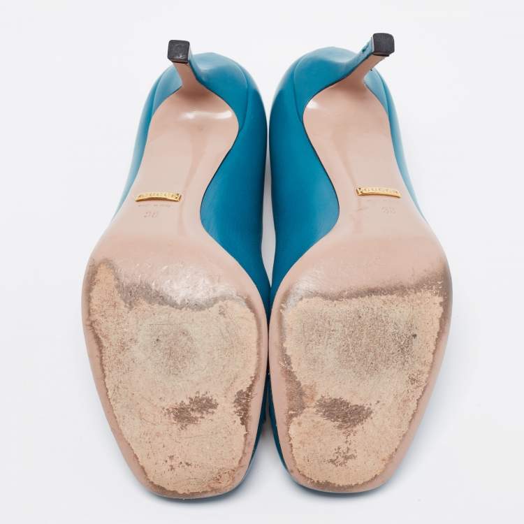 Pre Owned Gucci Teal Leather Jolene Horsebit Pumps Size 38