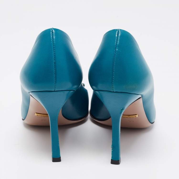 Pre Owned Gucci Teal Leather Jolene Horsebit Pumps Size 38