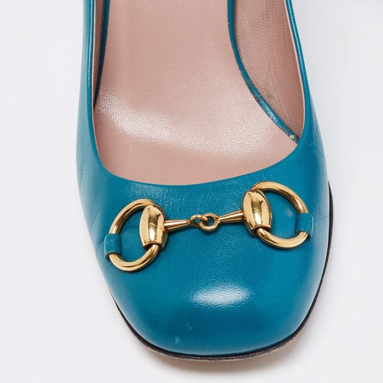 Pre Owned Gucci Teal Leather Jolene Horsebit Pumps Size 38