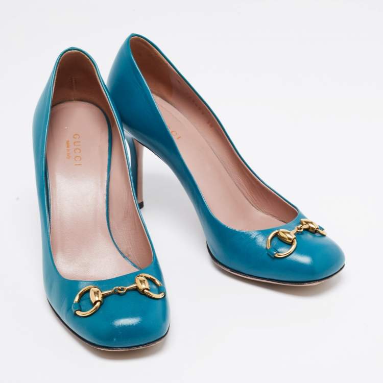 Pre Owned Gucci Teal Leather Jolene Horsebit Pumps Size 38