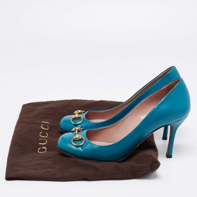 Pre Owned Gucci Teal Leather Jolene Horsebit Pumps Size 38