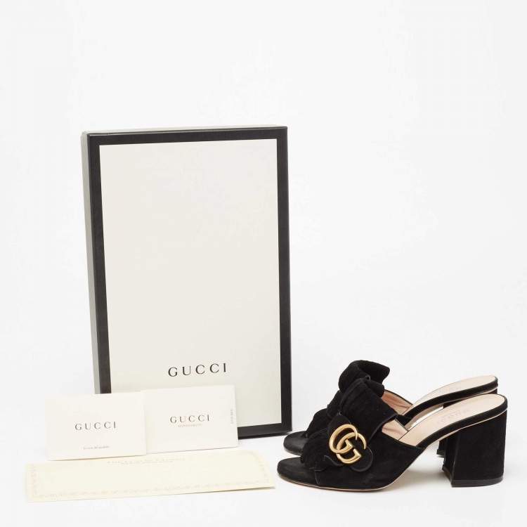 Pre Owned Gucci Black Suede GG Marmont Fringe Mules Size 35.5