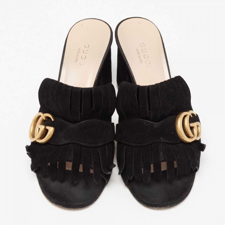 Pre Owned Gucci Black Suede GG Marmont Fringe Mules Size 35.5
