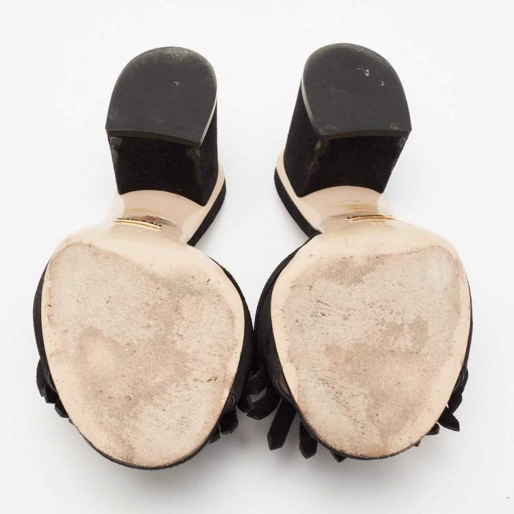 Pre Owned Gucci Black Suede GG Marmont Fringe Mules Size 35.5