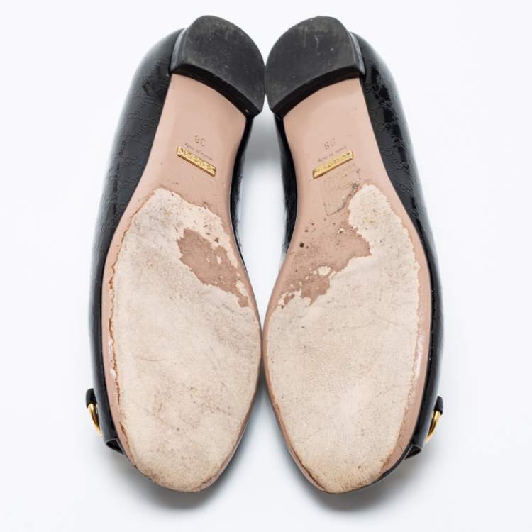 Pre Owned Gucci Black Patent Leather Horsebit Open Toe Ballet Flats Size 38