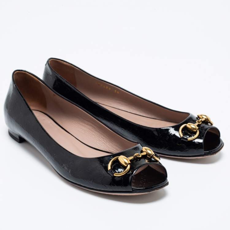 Pre Owned Gucci Black Patent Leather Horsebit Open Toe Ballet Flats Size 38