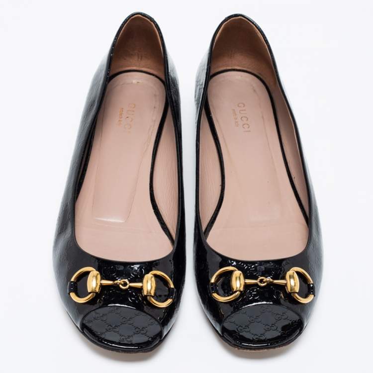 Pre Owned Gucci Black Patent Leather Horsebit Open Toe Ballet Flats Size 38