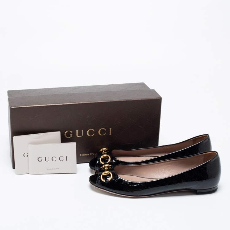 Pre Owned Gucci Black Patent Leather Horsebit Open Toe Ballet Flats Size 38