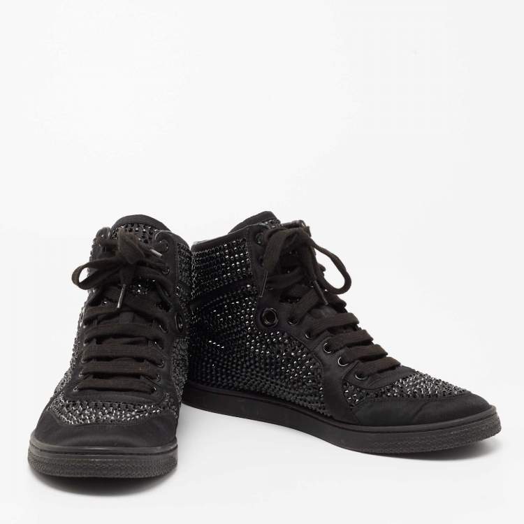 Pre Owned Gucci Black Satin Crystal Embellished Coda High Top Sneakers Size 39