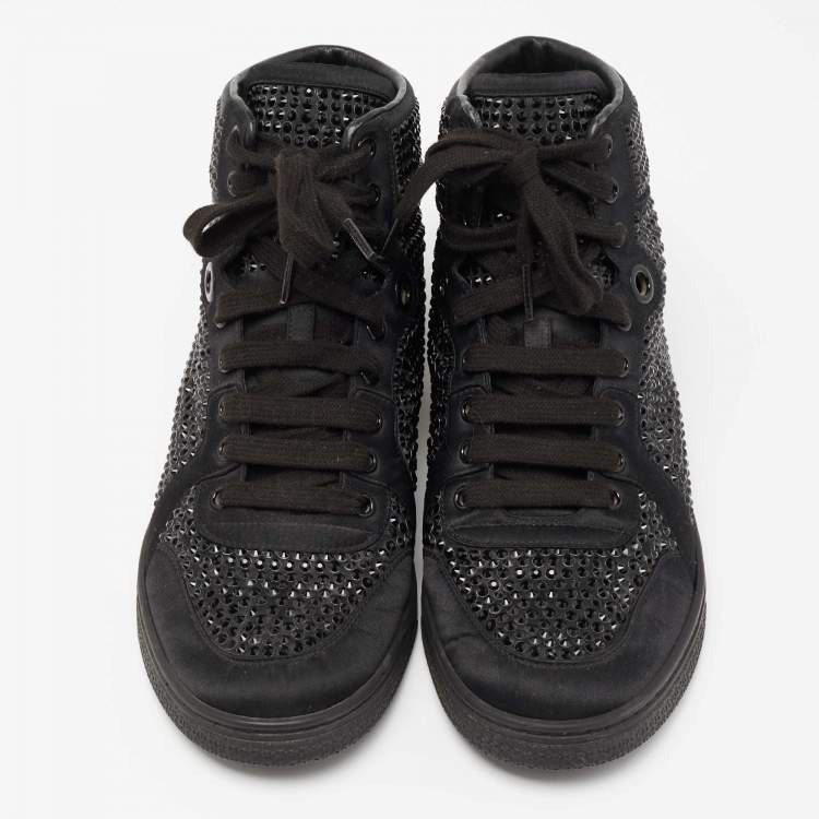 Pre Owned Gucci Black Satin Crystal Embellished Coda High Top Sneakers Size 39
