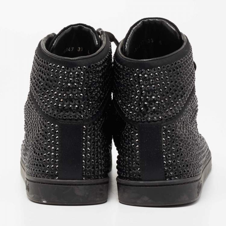 Pre Owned Gucci Black Satin Crystal Embellished Coda High Top Sneakers Size 39