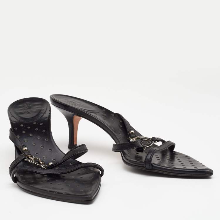 مملوكة مسبقًا Gucci Black Leather Interlocking G Strappy Sandals Size 39