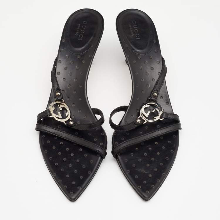 مملوكة مسبقًا Gucci Black Leather Interlocking G Strappy Sandals Size 39